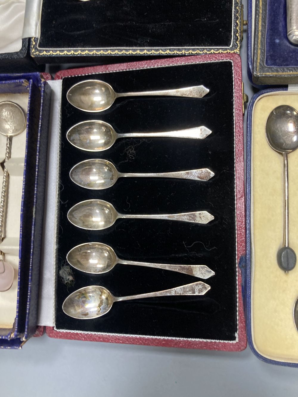 Six assorted cased sets of English and Continental silver flatware